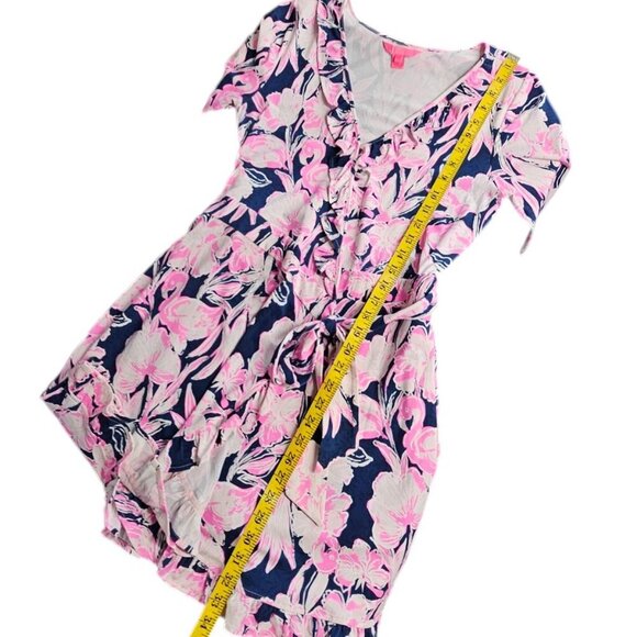 Lilly Pulitzer Jessalynne Romper, Wrap, V-Neck, Floral Flamingo, Stretch, Size M - Picture 3 of 9
